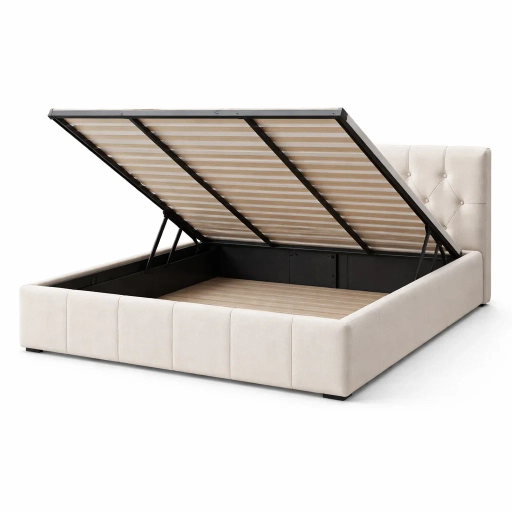 Lit coffre en métal et tissu 160x200 cm Beige