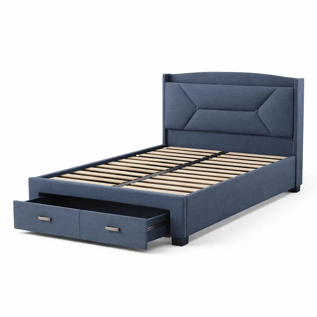 Lit simple en bois avec revêtement en polyester bleu et tiroirs 200x100 cm