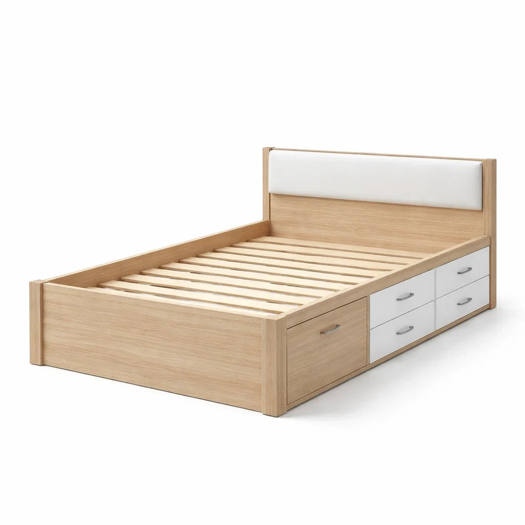 Lit plateforme en bois avec tiroirs et tête de lit rembourrée