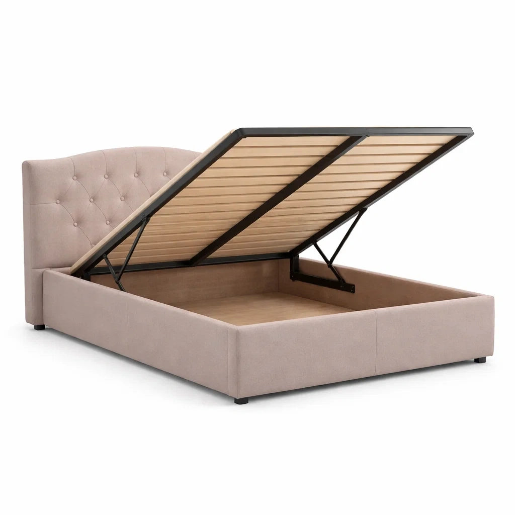 Lit coffre double en bois avec tête de lit capitonnée en tissu beige 160x200 cm