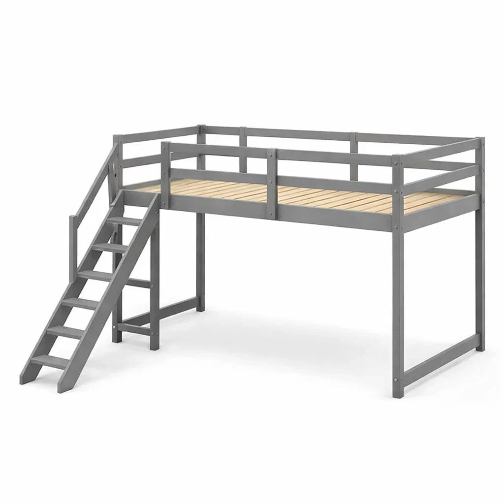 Lit mezzanine en métal et bois massif gris 200x90 cm