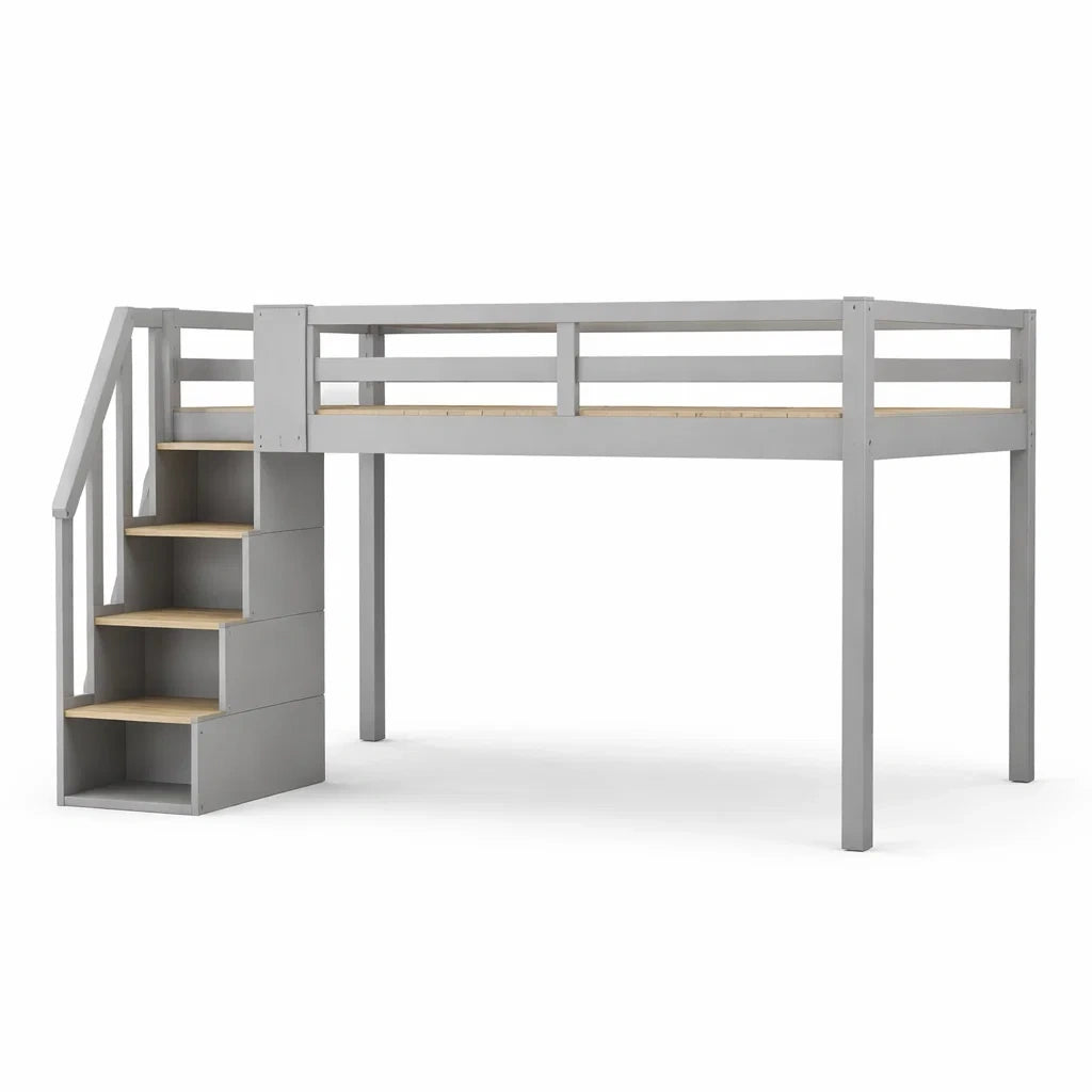 Lit mezzanine en bois avec escalier et rangement Gris