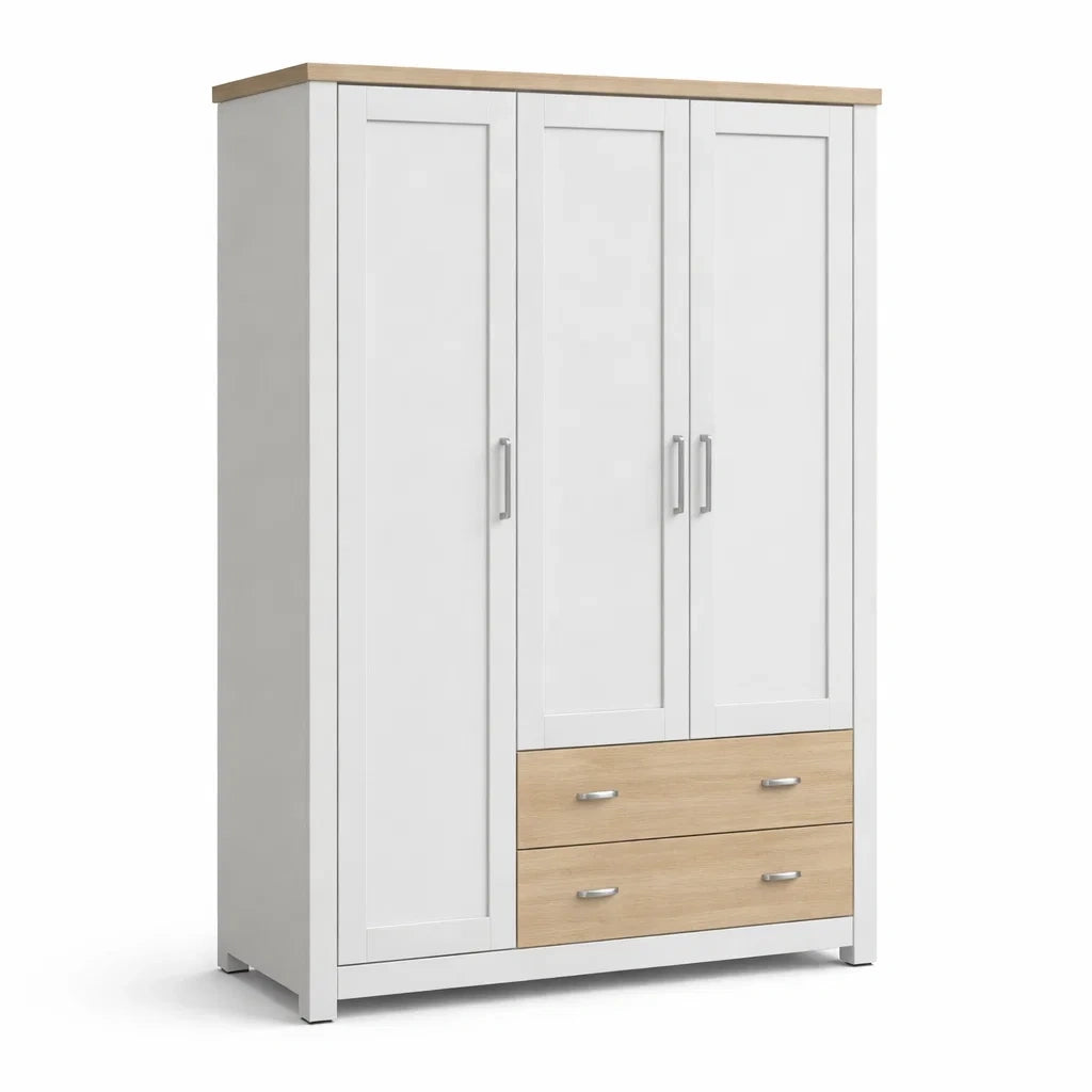Armoire en bois avec 3 portes et 2 tiroirs Blanc et Chêne