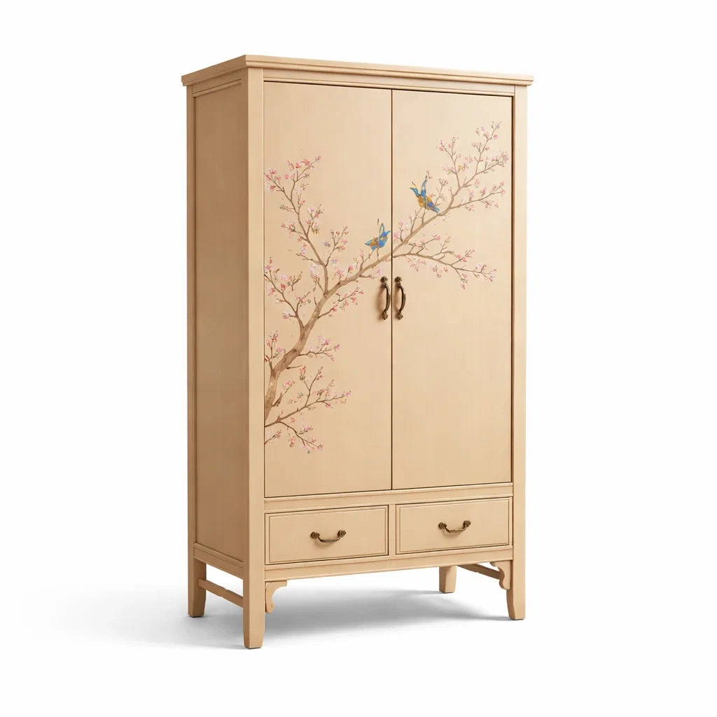 Armoire en bois avec motifs floraux et oiseaux