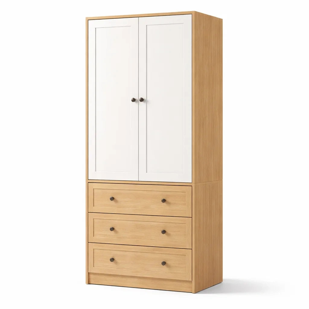 Armoire en bois avec portes blanches et 3 tiroirs