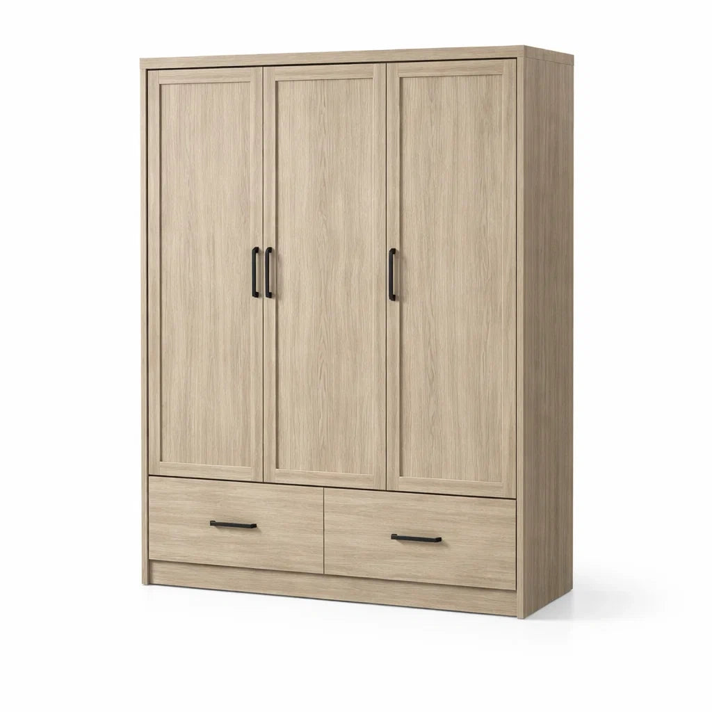Armoire 3 Portes en Bois avec 2 Tiroirs