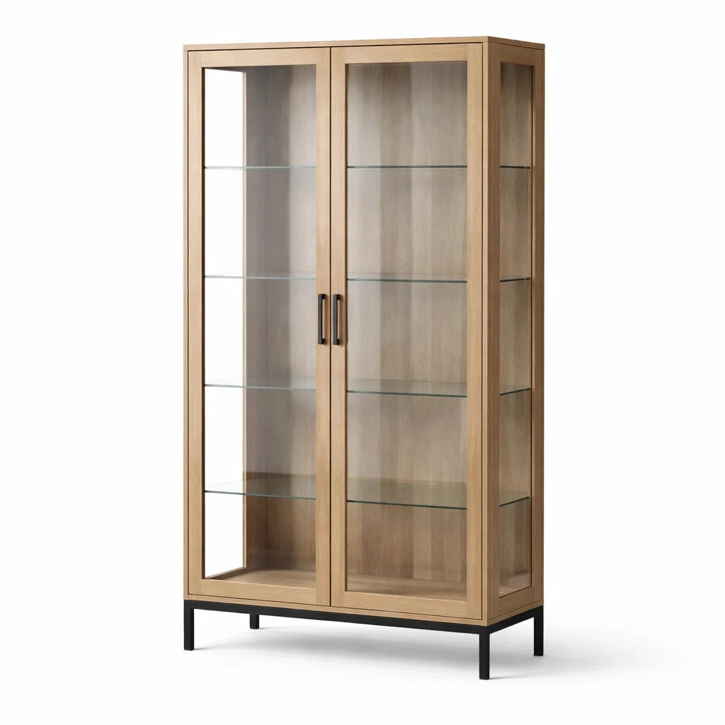 Vitrine en bois et verre trempé avec 2 portes et structure en métal