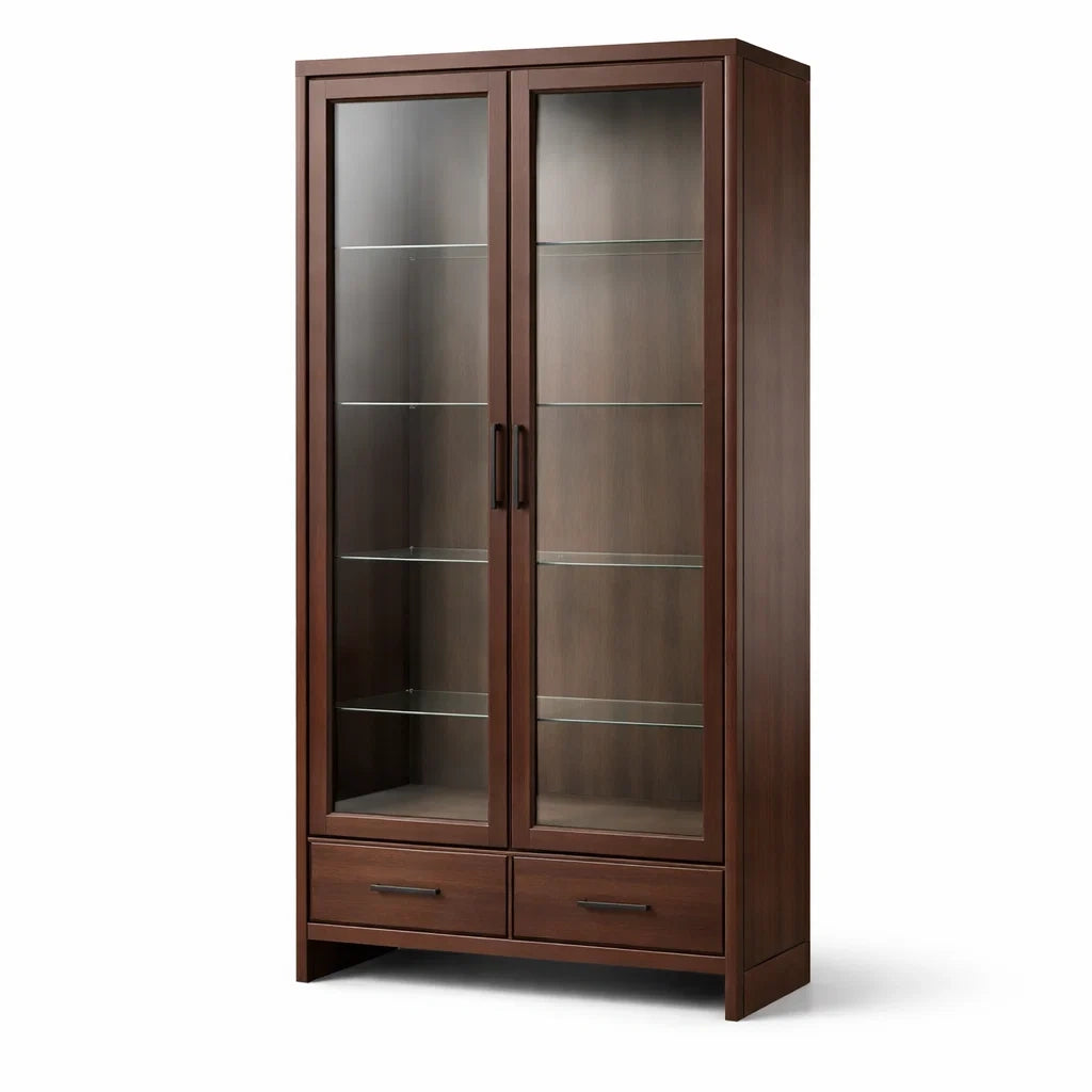 Vitrine en bois avec portes en verre trempé et tiroirs