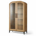Bibliothèque en bois avec portes vitrées et étagères en verre trempé