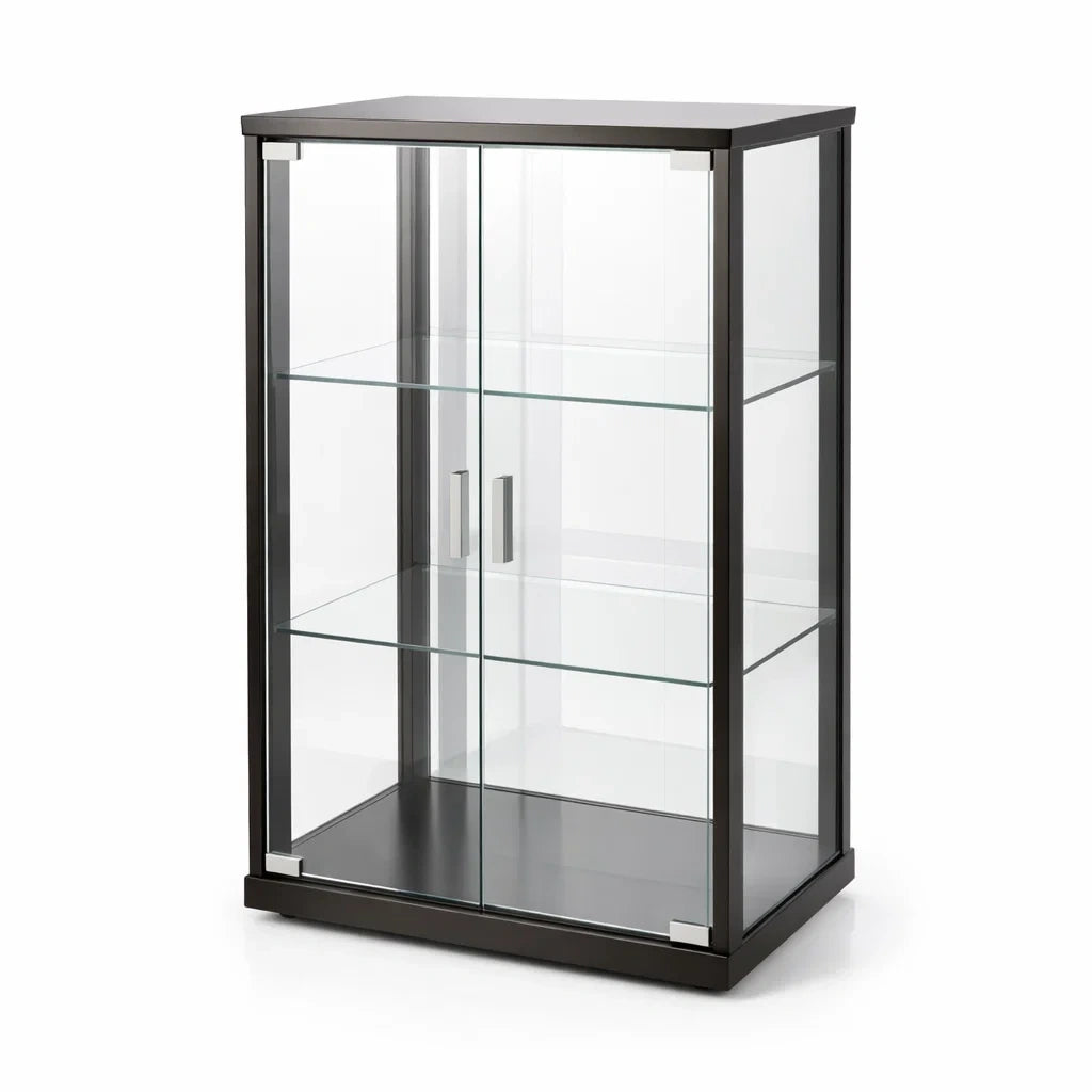 Vitrine en verre trempé avec cadre en métal noir 100x50x35 cm