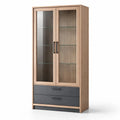 Vitrine en bois avec portes en verre trempé et tiroirs gris