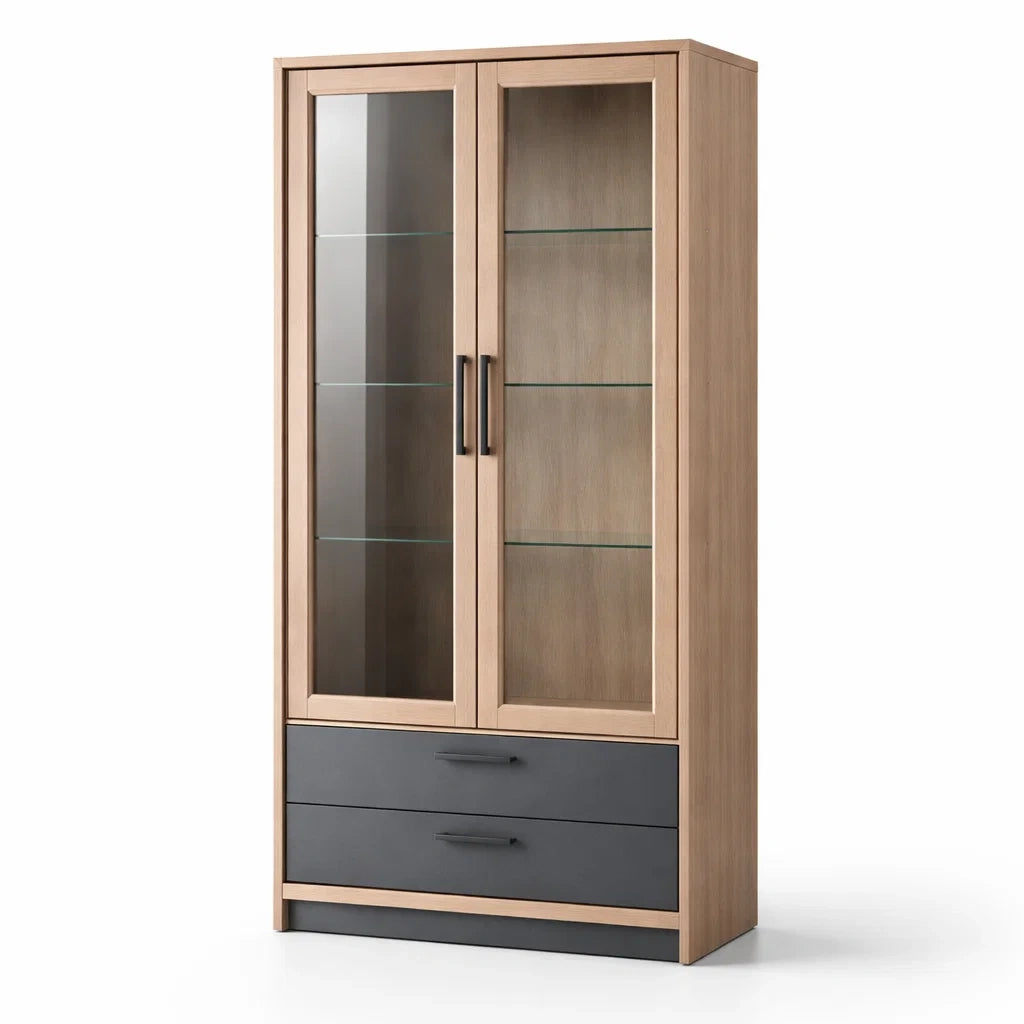 Vitrine en bois avec portes en verre trempé et tiroirs gris