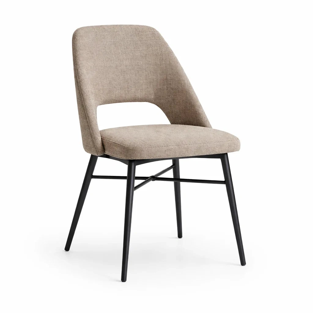 Chaise en tissu polyester beige avec structure en métal noir