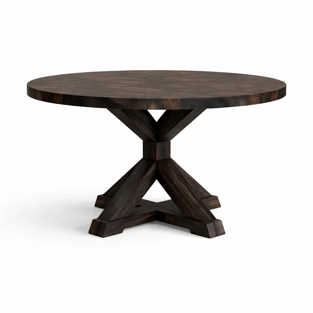 Table ronde en bois de couleur chêne foncé, diamètre 120 cm