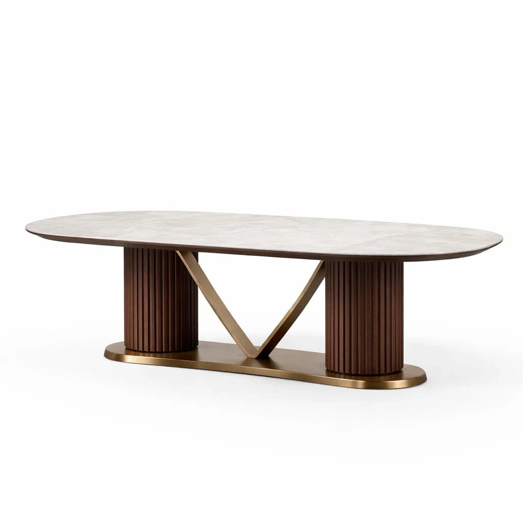 Table à manger en marbre et bois avec support métallique